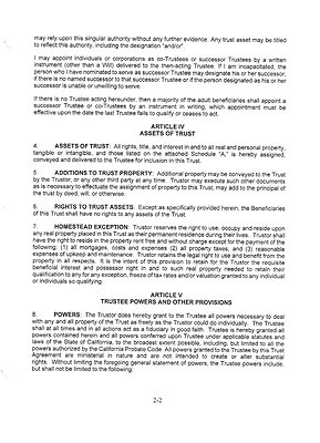 Pg 2-2. ARTICLE IV ASSETS OF TRUST ARTICLE V TRUSTEE POWERS