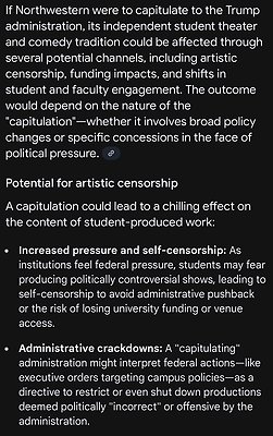 If Northwestern were to capitulate to the Trump administration, its independent student theater and comedy tradition could be affected?   