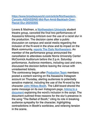 broadwayworld001.com article Northwestern Cancels ASSASSINS Mid-Run Amid Backlash Over Racial Slur broadwayworld001.com article Northwestern Cancels ASSASSINS Mid-Run Amid Backlash Over Racial Slur