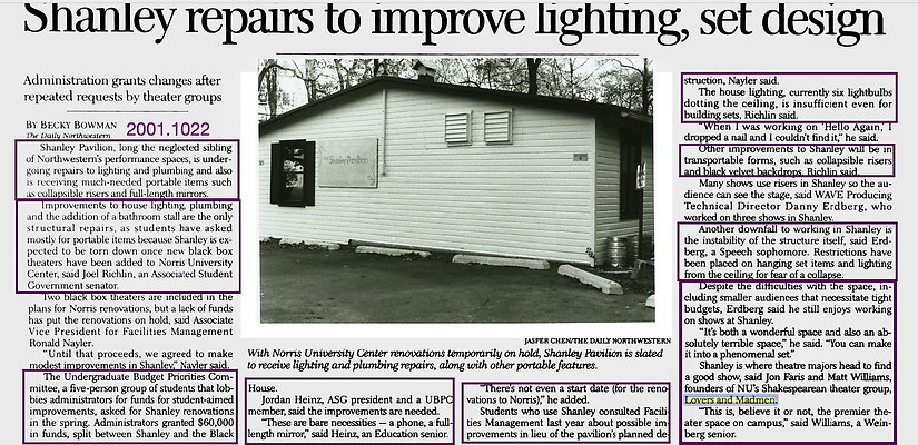 Oct. 22, 2001 - "Shanley to Improve Lighting & Set Design" Oct. 22, 2001 - "Shanley to Improve Lighting & Set Design"