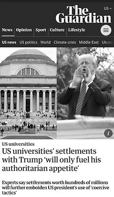 l. US universities' settlements with Trump 'will only fuel his authoritarian appetite' l. US universities' settlements with Trump 'will only fuel his authoritarian appetite'